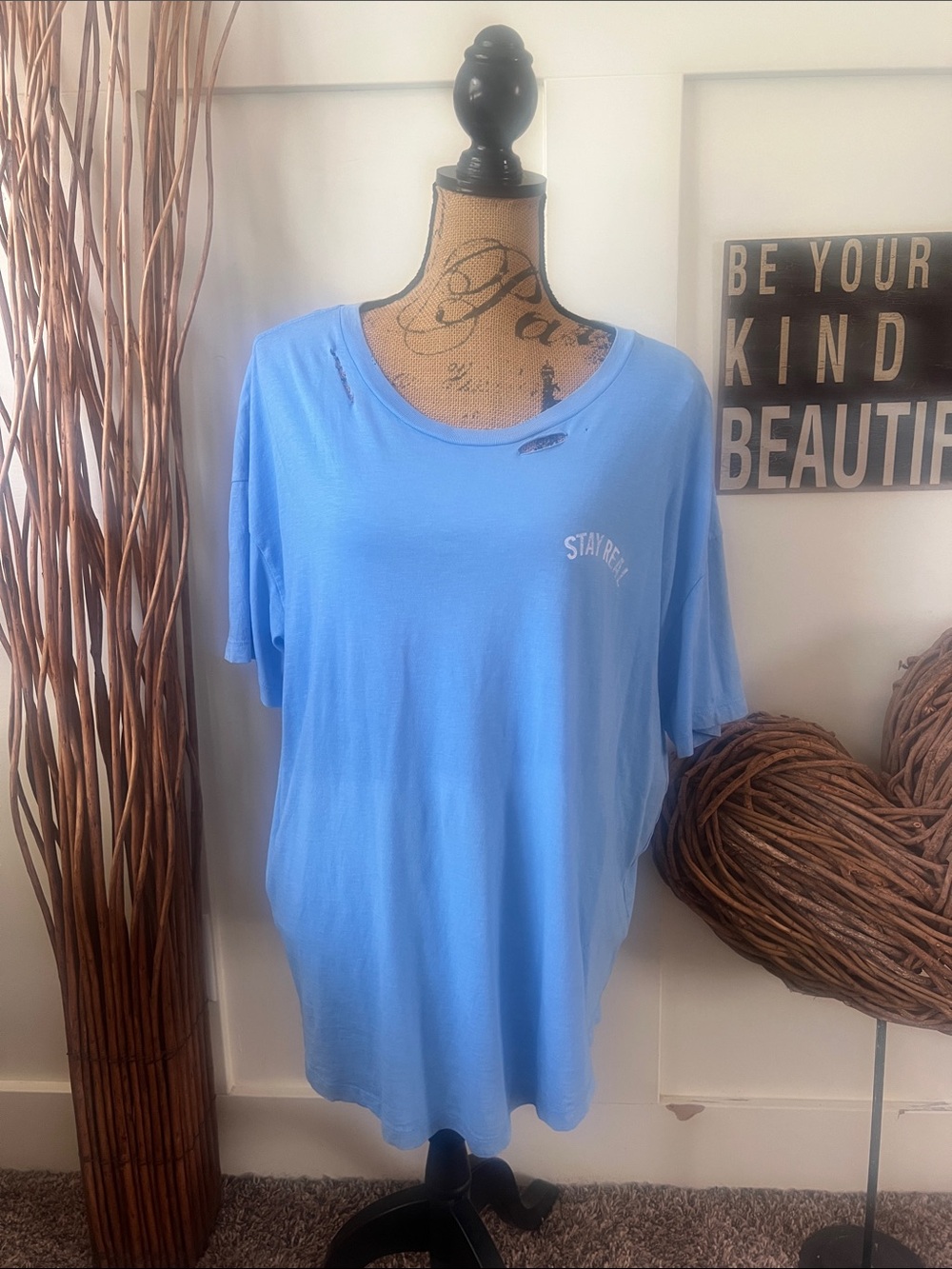 aerie Light Blue 'STAY REAL' Boyfriend Short Sleeve Crew Tee - Distressed Detail